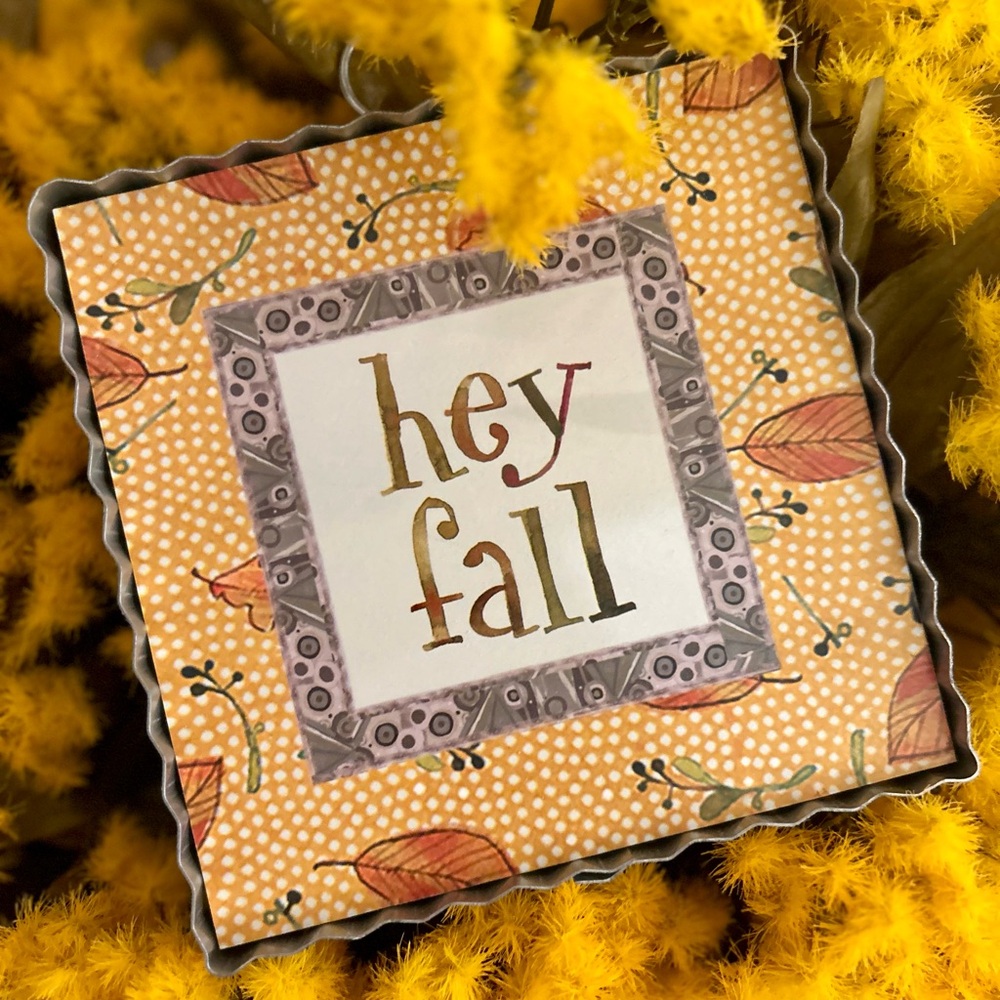 Hey Fall Decorative Mini Print with Galvanized Frame Fall Leaves Pattern Border